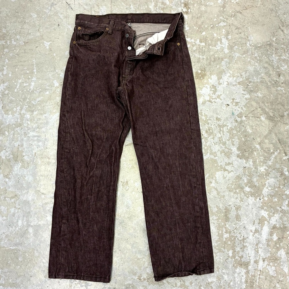 Levis Jeans Mens 32x27‎ Burgundy Pants 501 Button Fly Straight Hem Denim Tag 34